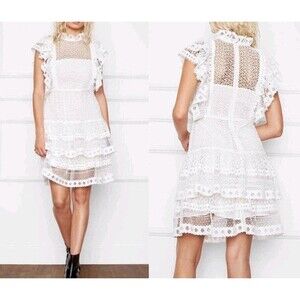 ANINE BING‎ Penelope White Lace Tiered Ruffle Sheer Romantic Dress Size Large